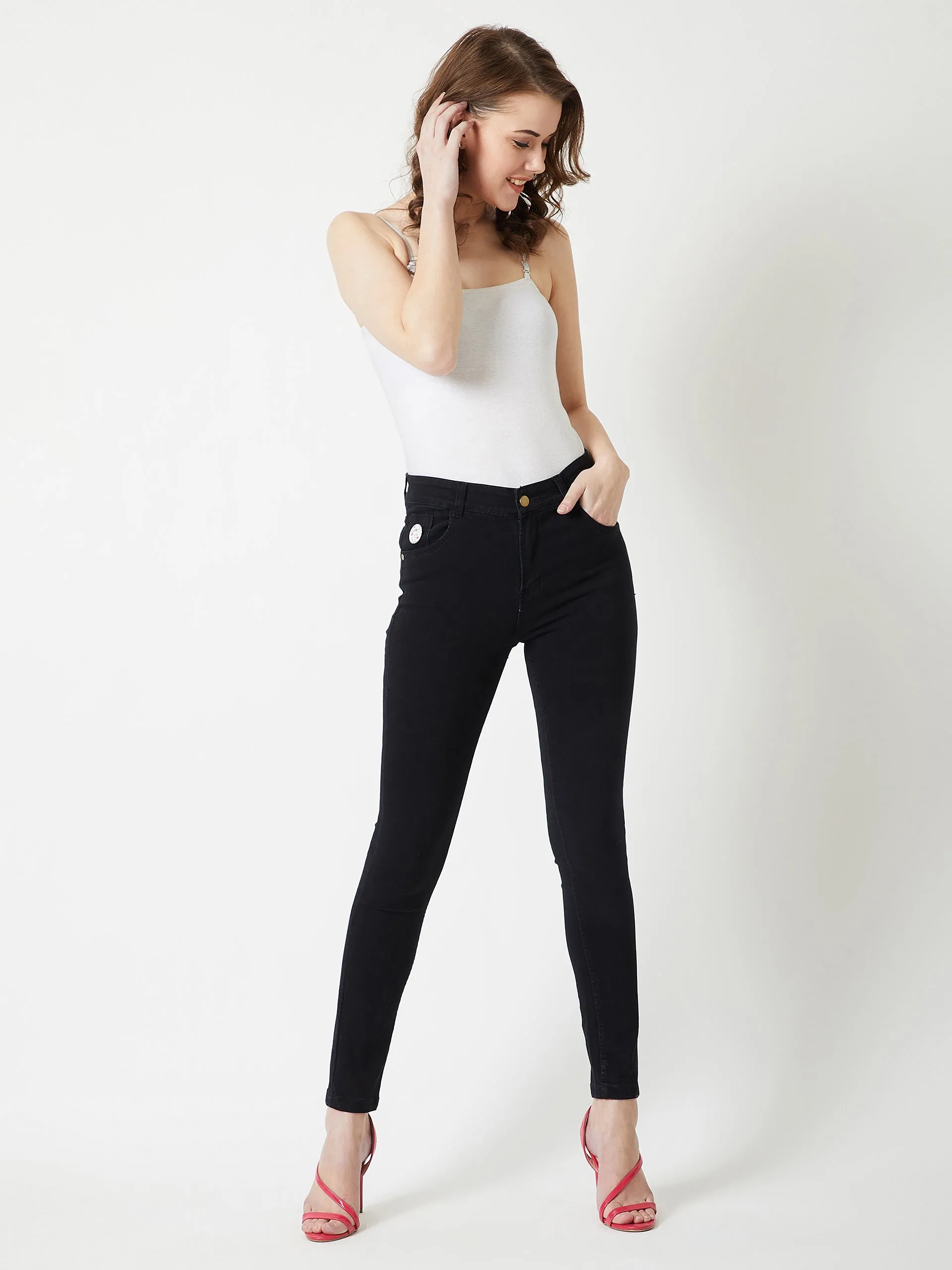 24/7 comfort Women's Black Slim Fit Embellished High Rise Regular Length Stretchable Denim Jeans