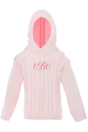 881-Cable Knit Hooded Zip Back Pink Baby Boy Sweater