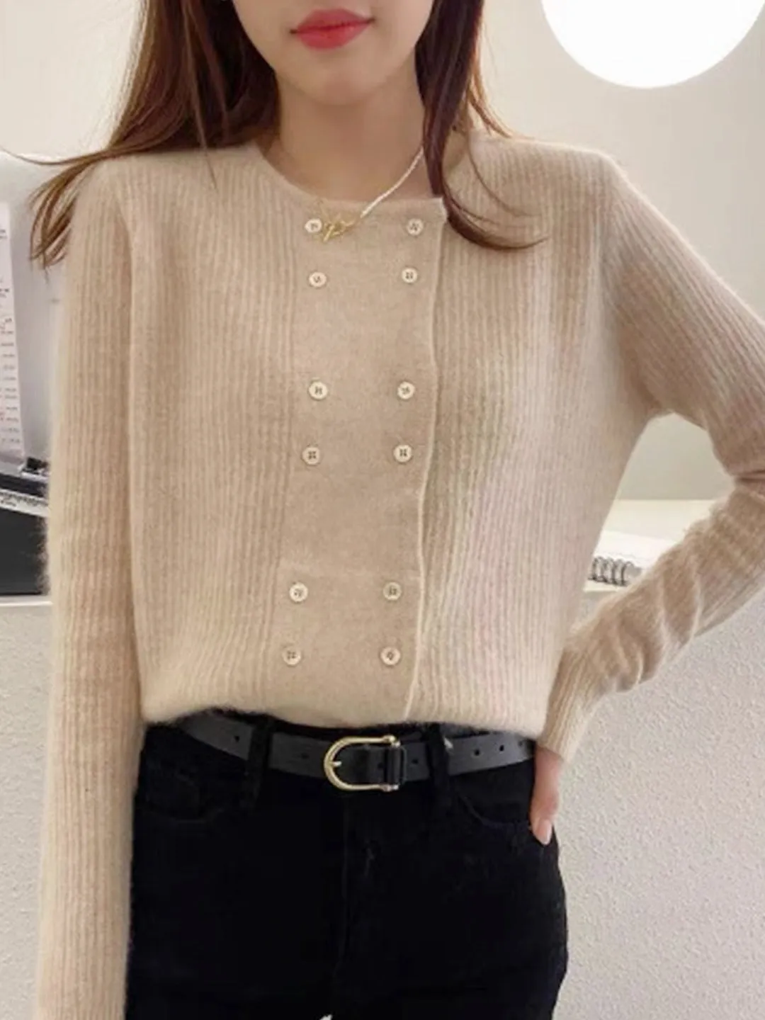 Alena French Style  Double-breasted Knitted Cardigan-Beige