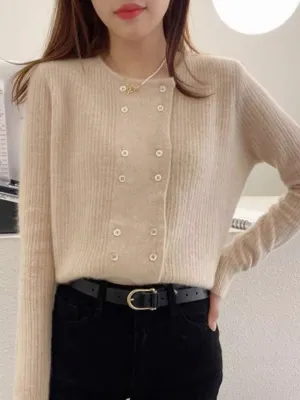 Alena French Style  Double-breasted Knitted Cardigan-Beige