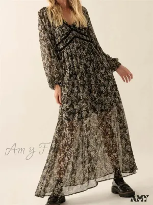 Amy Fashion - Vintage Women Bohemian Floral Print  Summer  Sleeve V Neck High Waist Chiffon  Flowy Vestidos