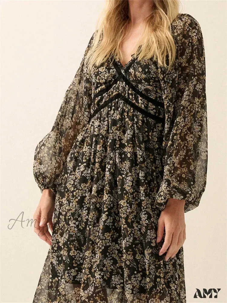 Amy Fashion - Vintage Women Bohemian Floral Print  Summer  Sleeve V Neck High Waist Chiffon  Flowy Vestidos
