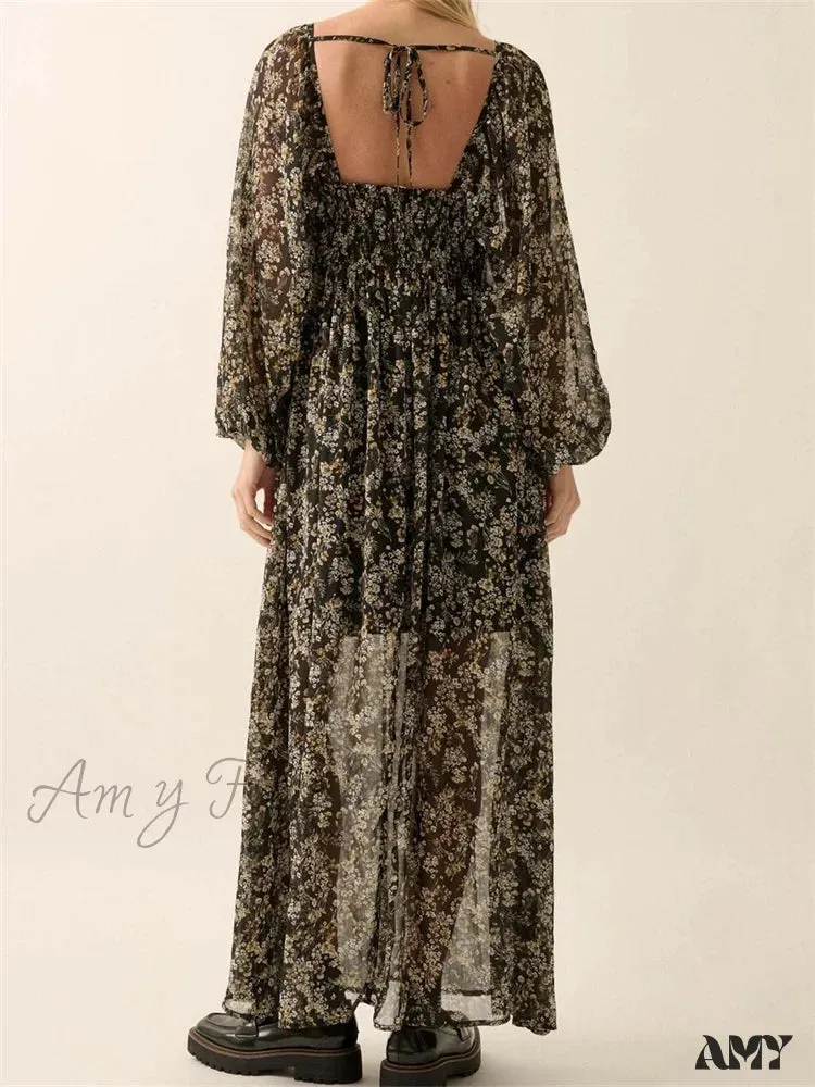Amy Fashion - Vintage Women Bohemian Floral Print  Summer  Sleeve V Neck High Waist Chiffon  Flowy Vestidos