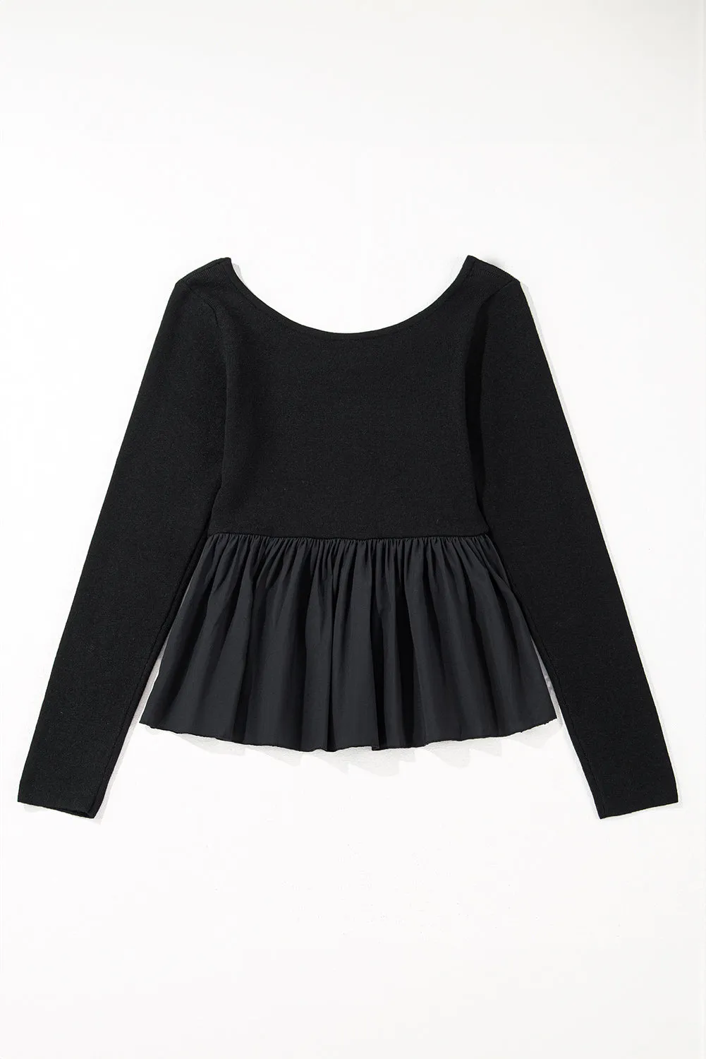 Black Ribbed Knit Long Sleeve Scoop Neck Peplum Patchwork Top