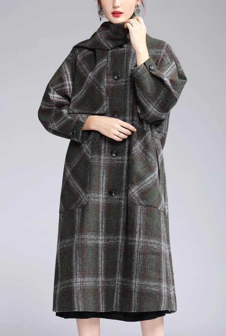 British Style A-line Removable Scarf Plaid Long Coat
