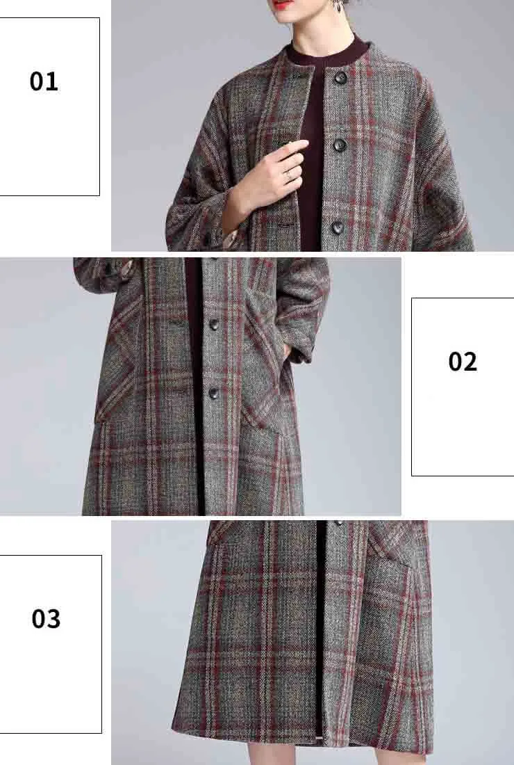 British Style A-line Removable Scarf Plaid Long Coat