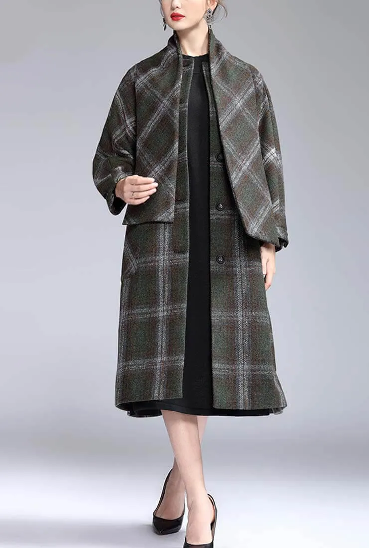 British Style A-line Removable Scarf Plaid Long Coat