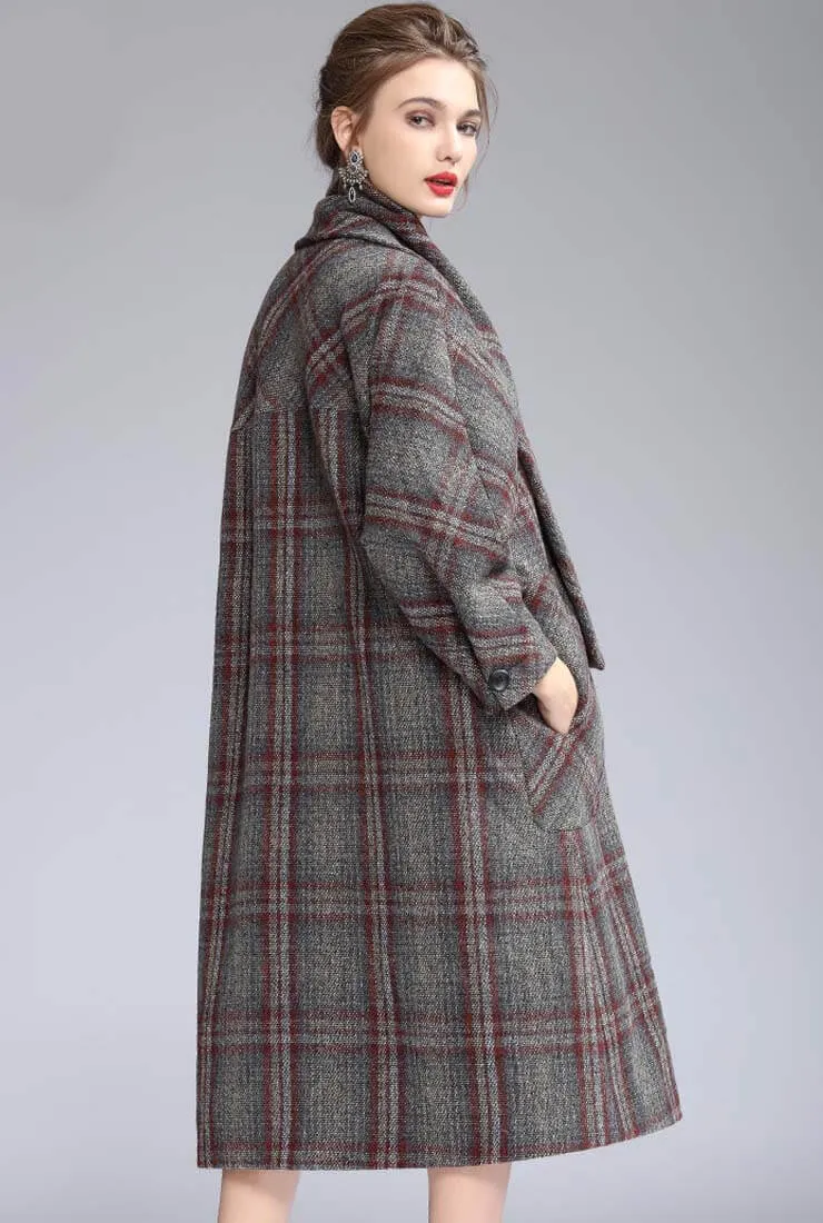 British Style A-line Removable Scarf Plaid Long Coat