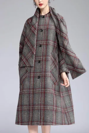 British Style A-line Removable Scarf Plaid Long Coat