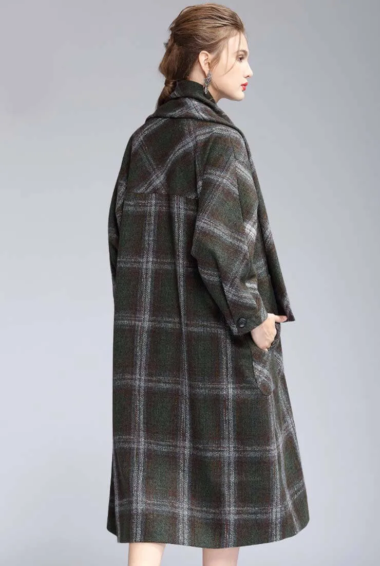 British Style A-line Removable Scarf Plaid Long Coat