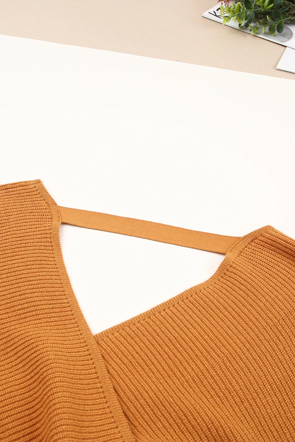 Brown Rib Knit Surplice Neck Belted Peplum Sweater