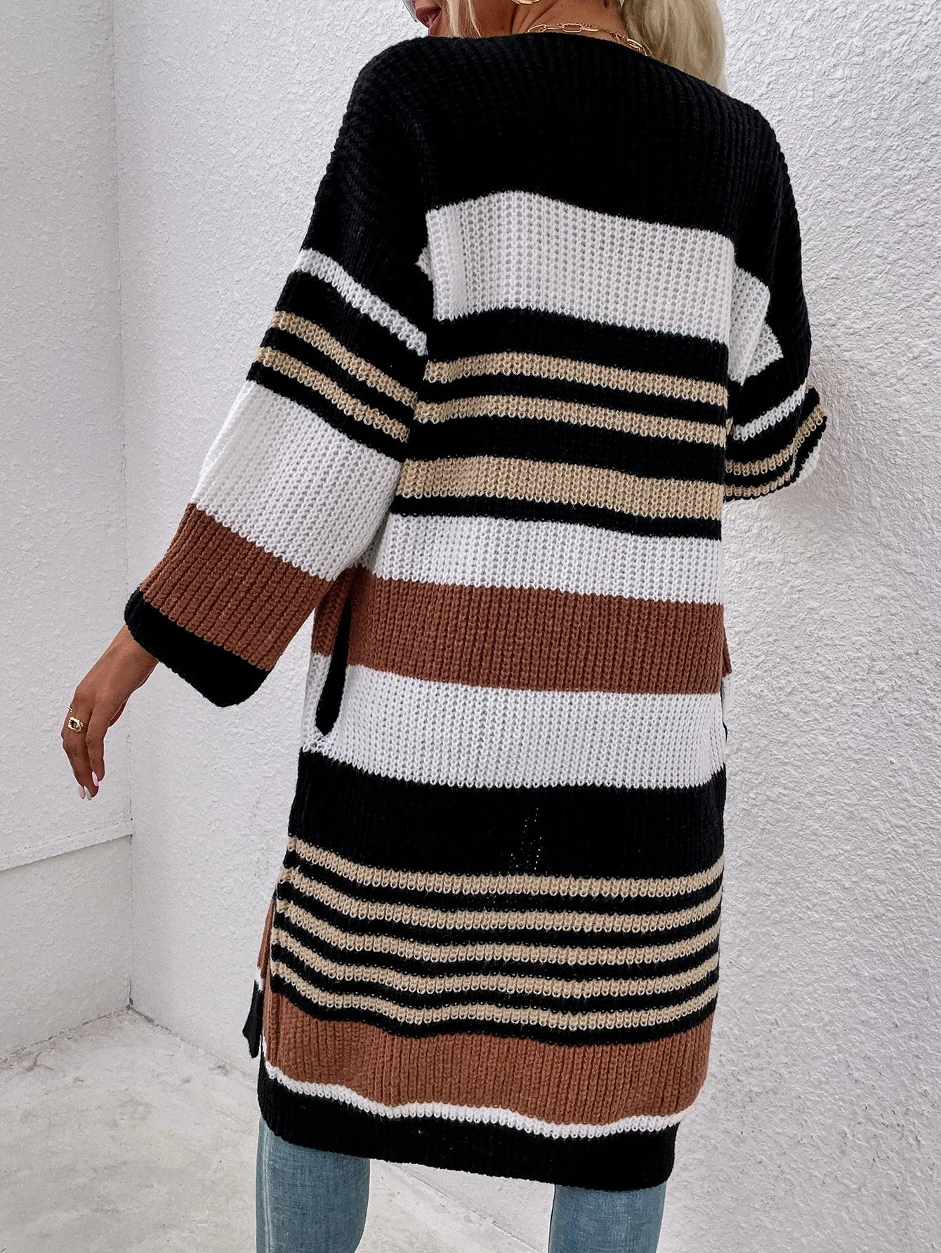 Casual Colorblock Long Sleeve Midi Women Cardigan