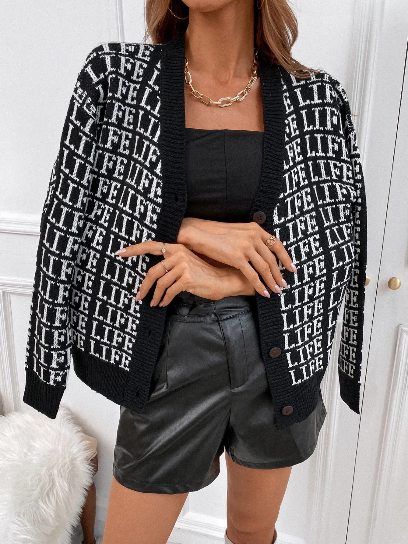 Casual Letter Button Front Long Sleeve Regular Women Cardigan