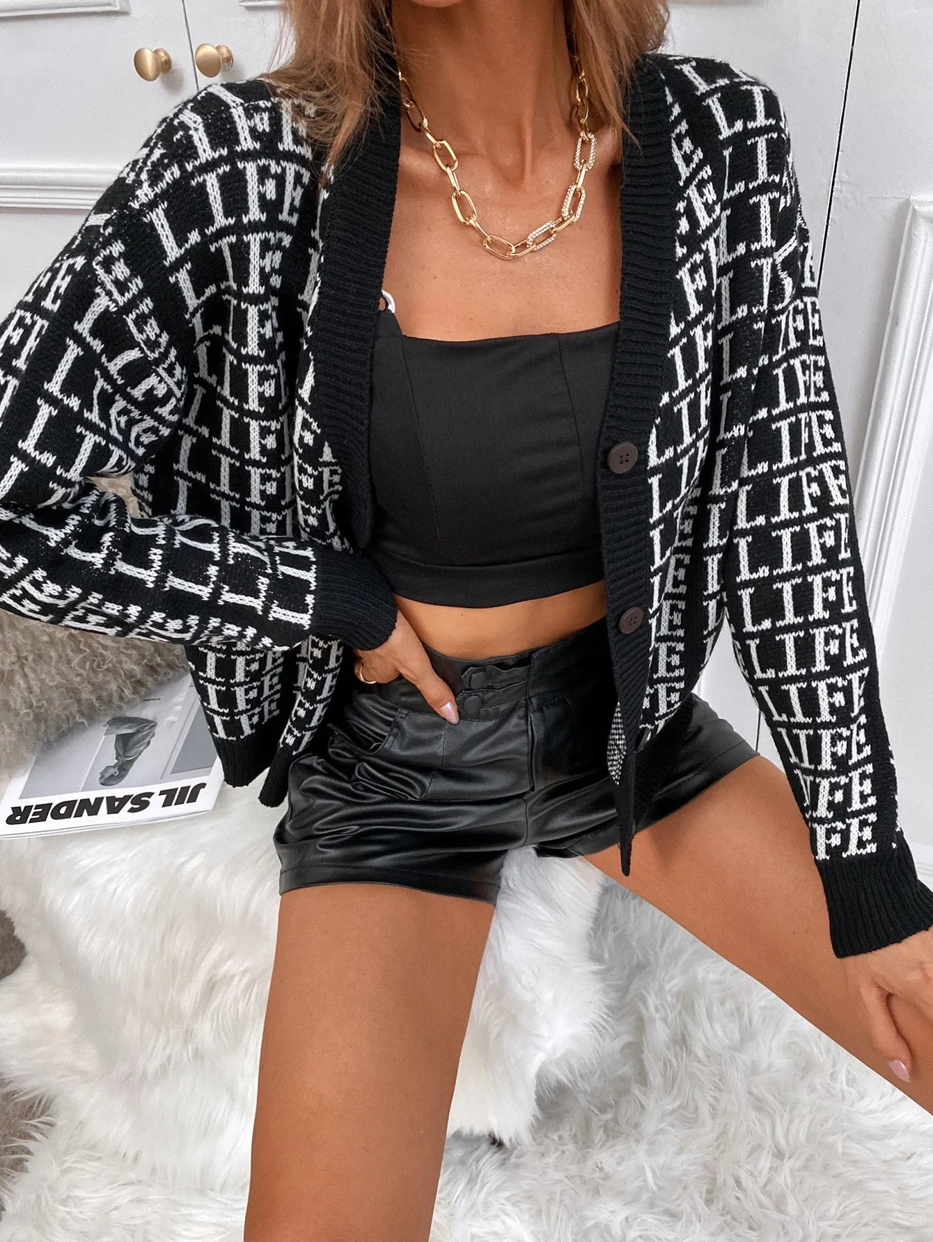 Casual Letter Button Front Long Sleeve Regular Women Cardigan
