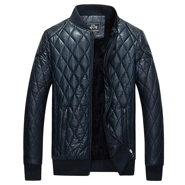 Casual Outdoor Thick Fleece Motorcycle PU Leather Stand Collar Padded Jacket For Men