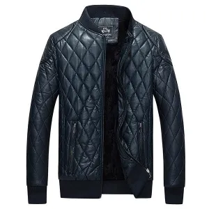 Casual Outdoor Thick Fleece Motorcycle PU Leather Stand Collar Padded Jacket For Men
