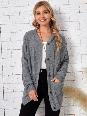 Casual Plain Pocket Long Sleeve Hooded Regular Women Cardigan