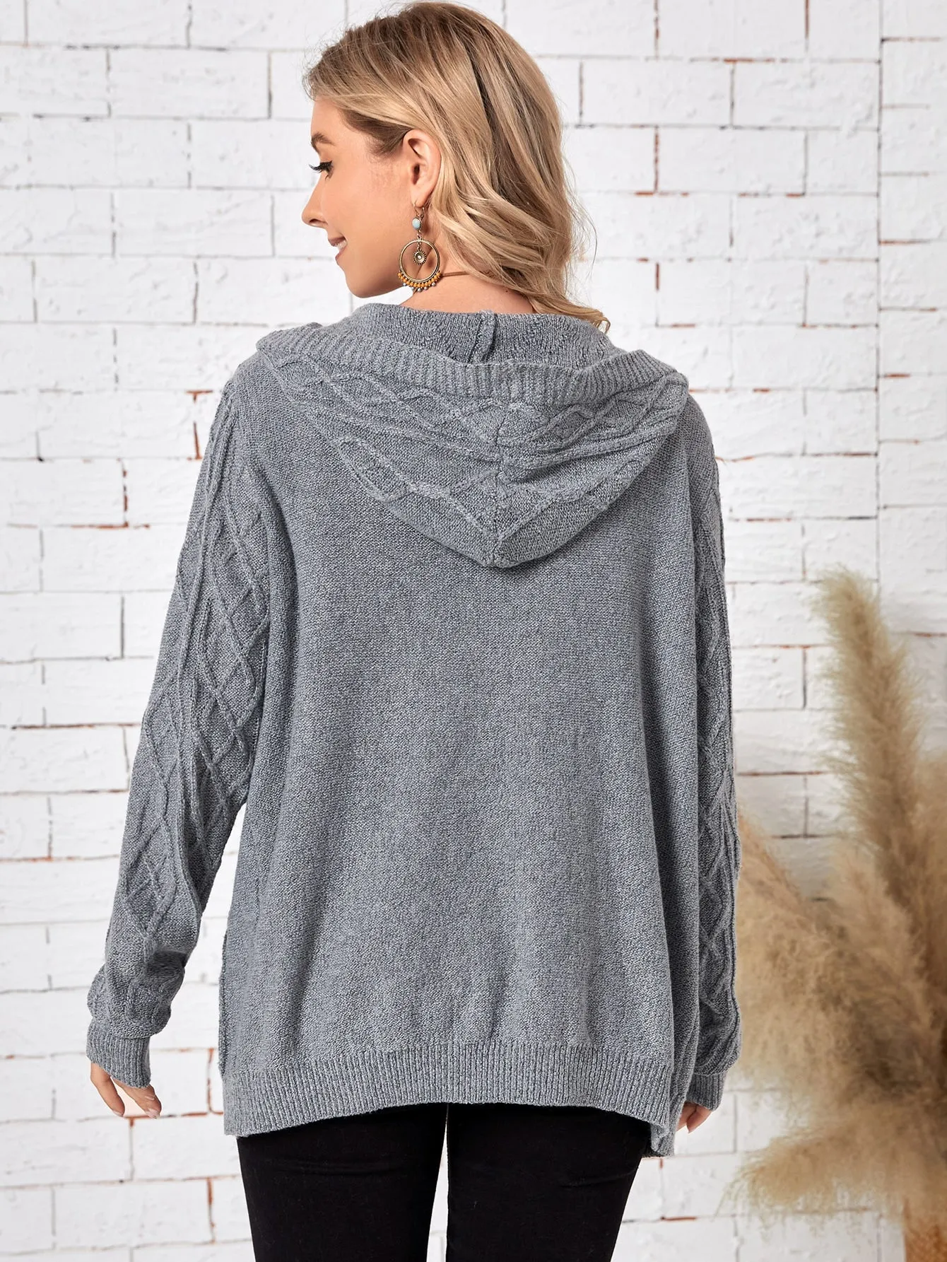 Casual Plain Pocket Long Sleeve Hooded Regular Women Cardigan