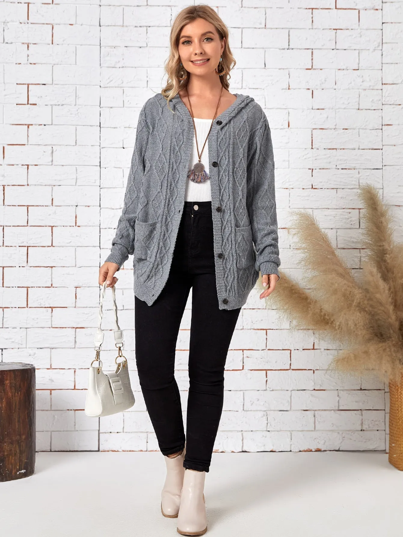 Casual Plain Pocket Long Sleeve Hooded Regular Women Cardigan