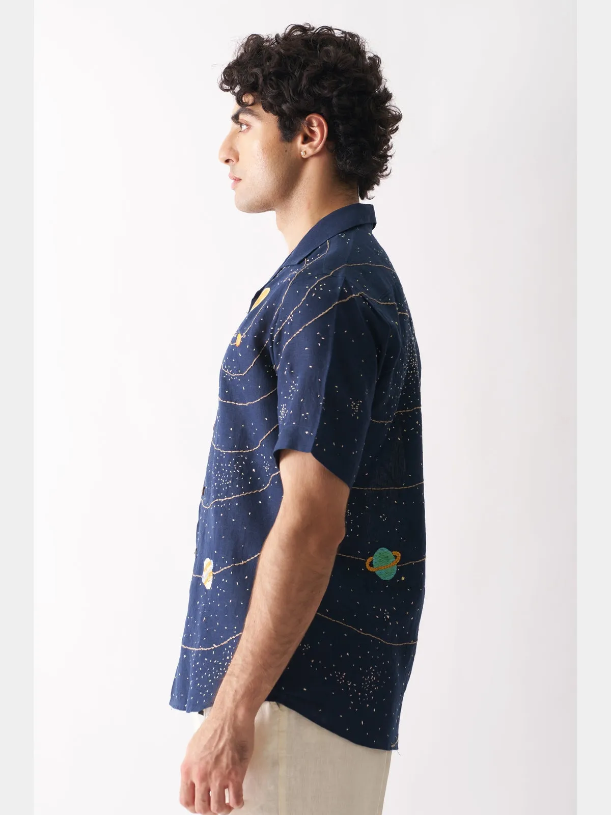 Celestial Panorama - Hand Embroidered Linen Shirt