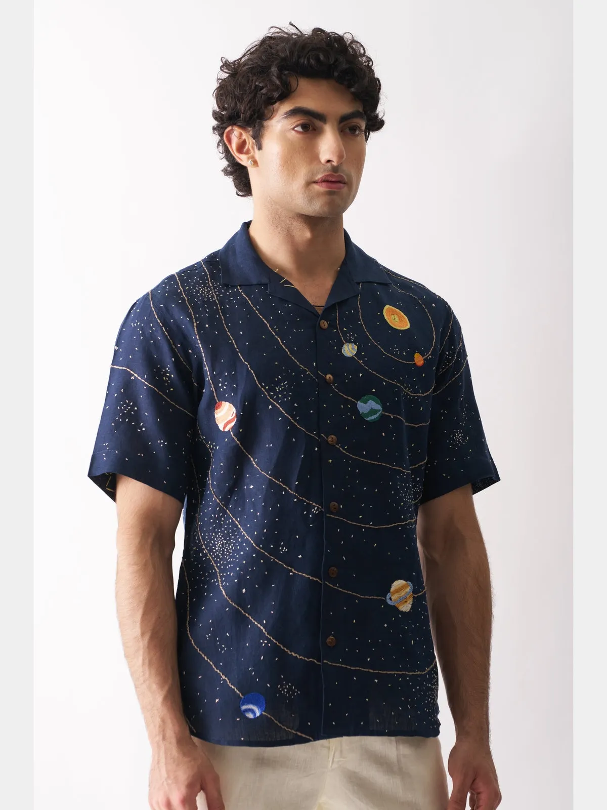 Celestial Panorama - Hand Embroidered Linen Shirt