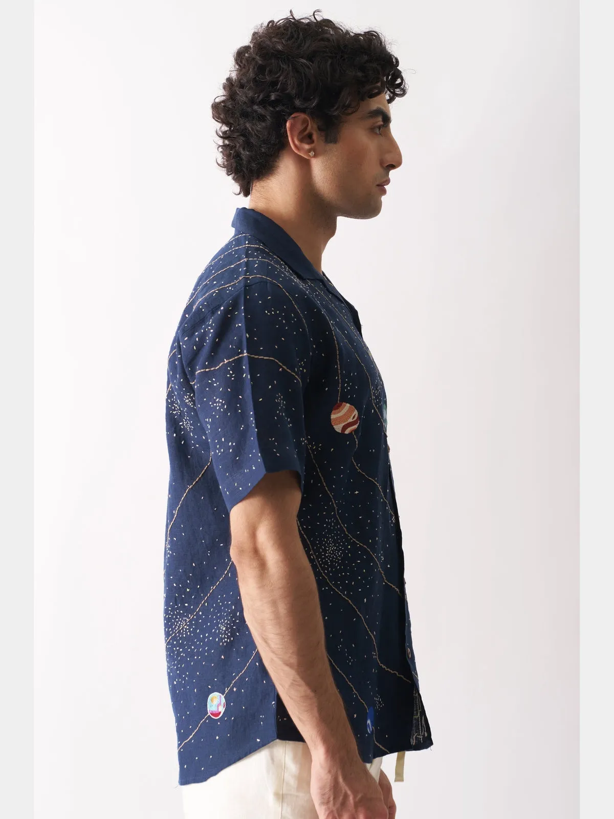 Celestial Panorama - Hand Embroidered Linen Shirt