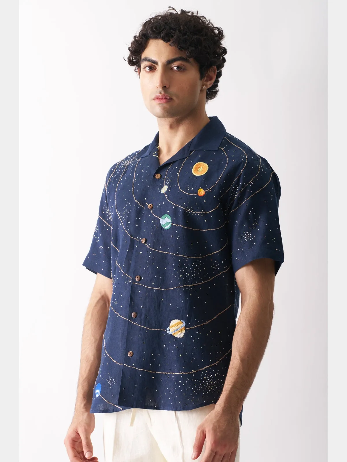 Celestial Panorama - Hand Embroidered Linen Shirt