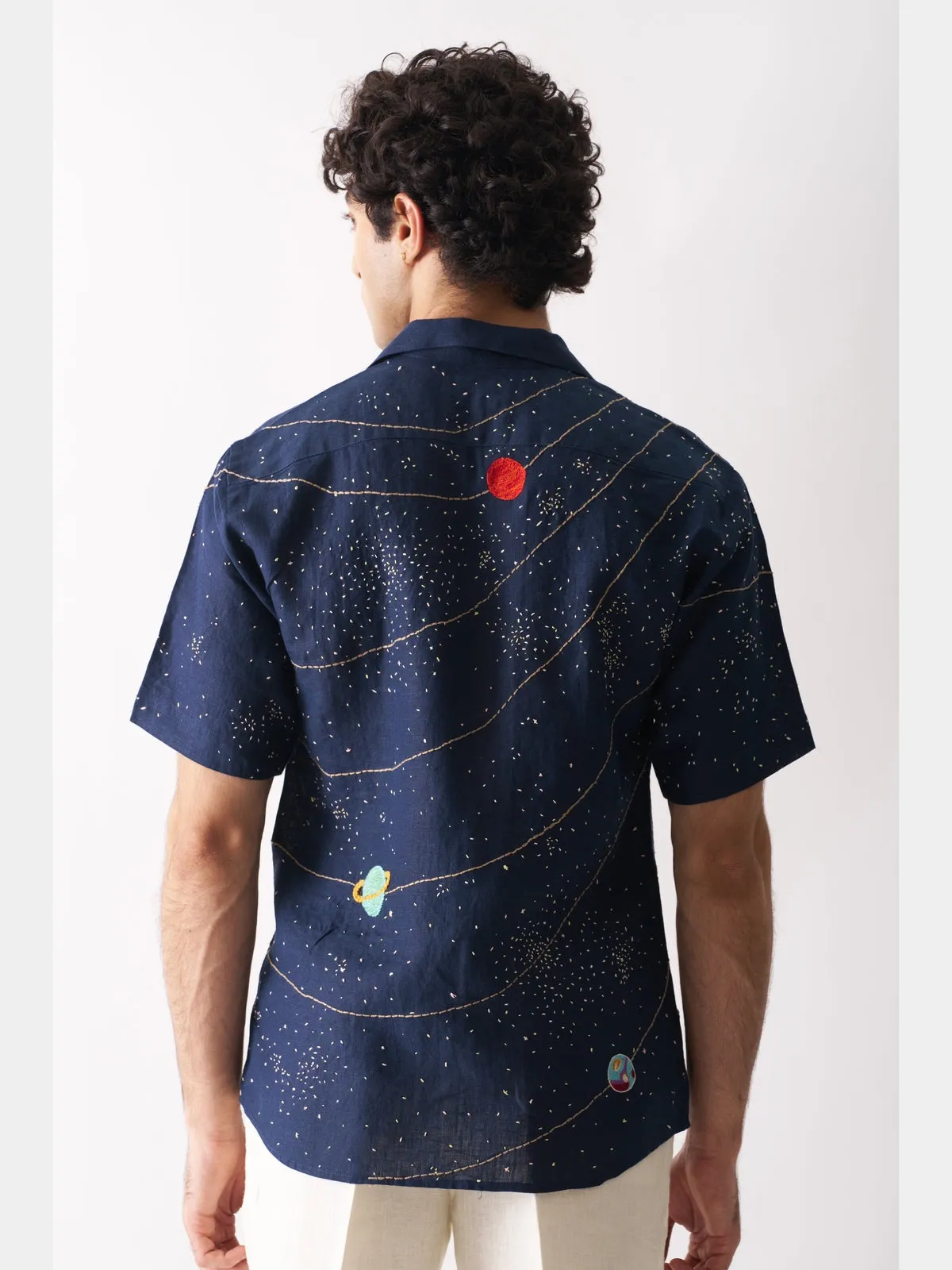 Celestial Panorama - Hand Embroidered Linen Shirt