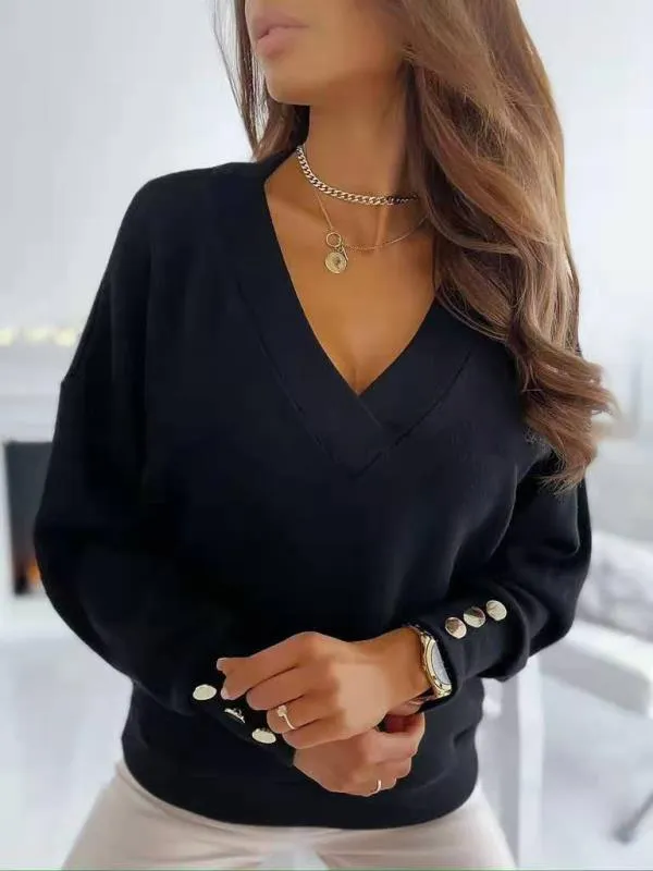 Chicmy-European and American casual women's clothing Women's Sweaters Solid V-Neck Long Sleeve Button Sweater