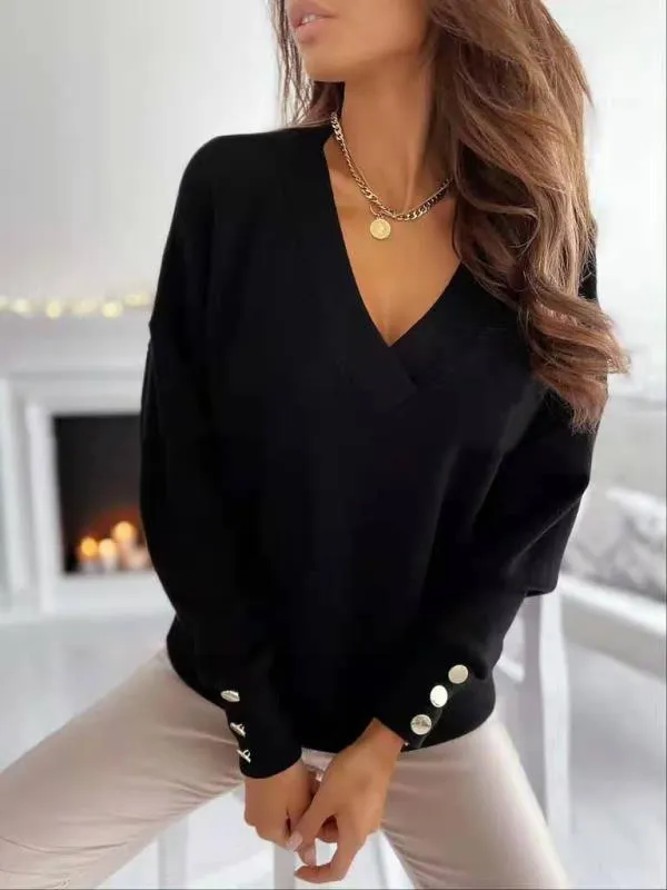 Chicmy-European and American casual women's clothing Women's Sweaters Solid V-Neck Long Sleeve Button Sweater