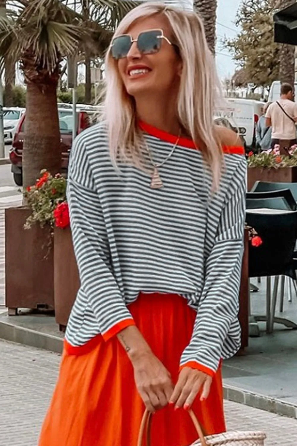 Contrast Trimmed Striped Drop Shoulder Sweater