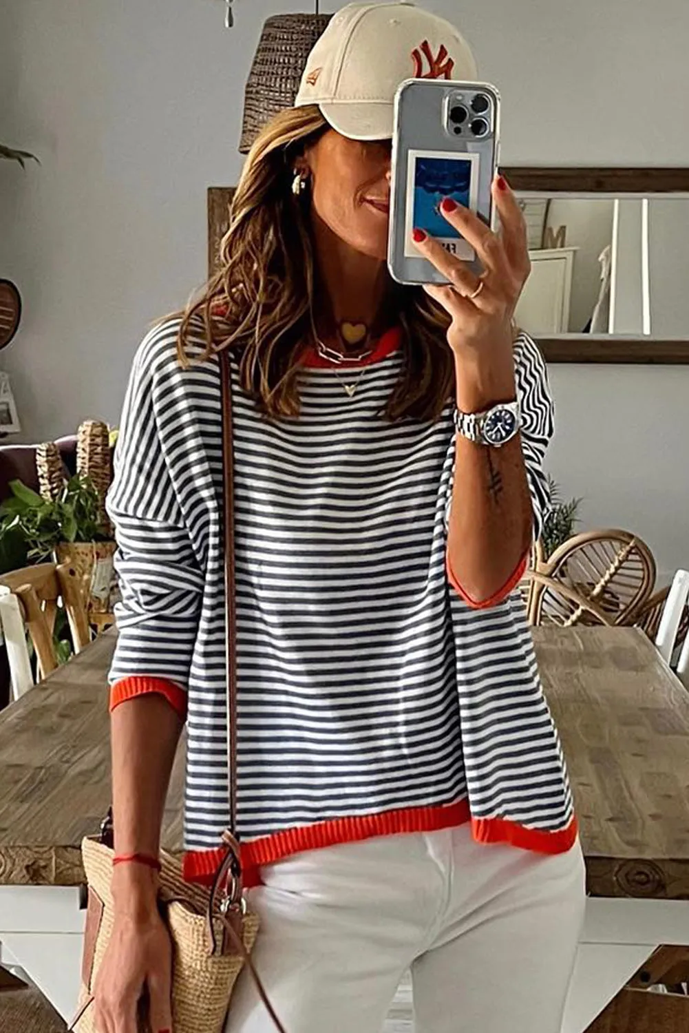 Contrast Trimmed Striped Drop Shoulder Sweater