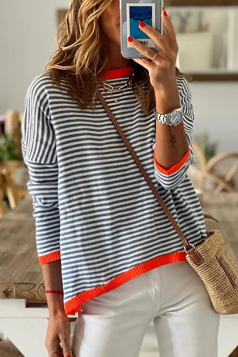 Contrast Trimmed Striped Drop Shoulder Sweater