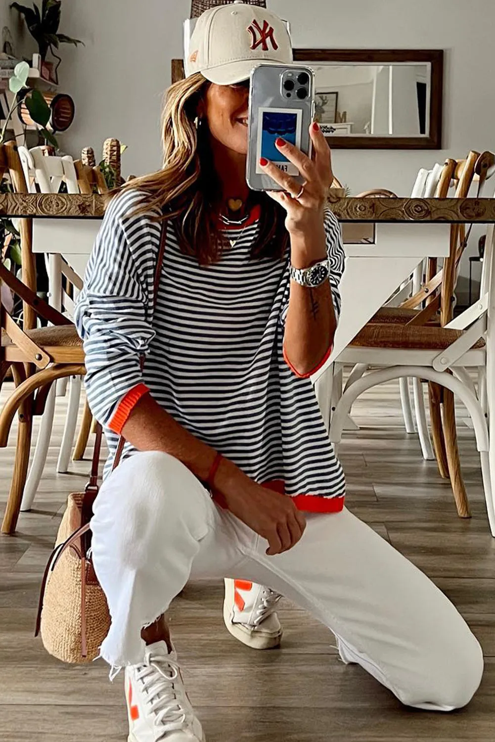 Contrast Trimmed Striped Drop Shoulder Sweater
