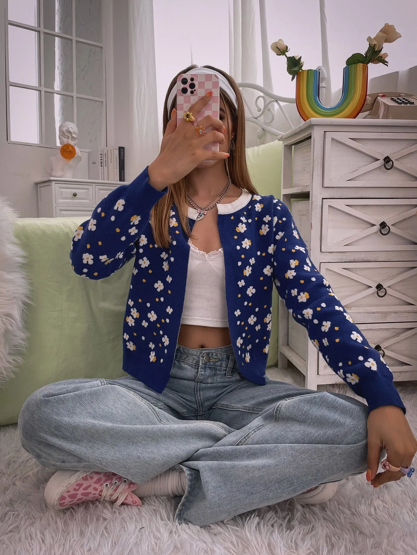 Cute Floral Long Sleeve Round Neck Regular Women Cardigan