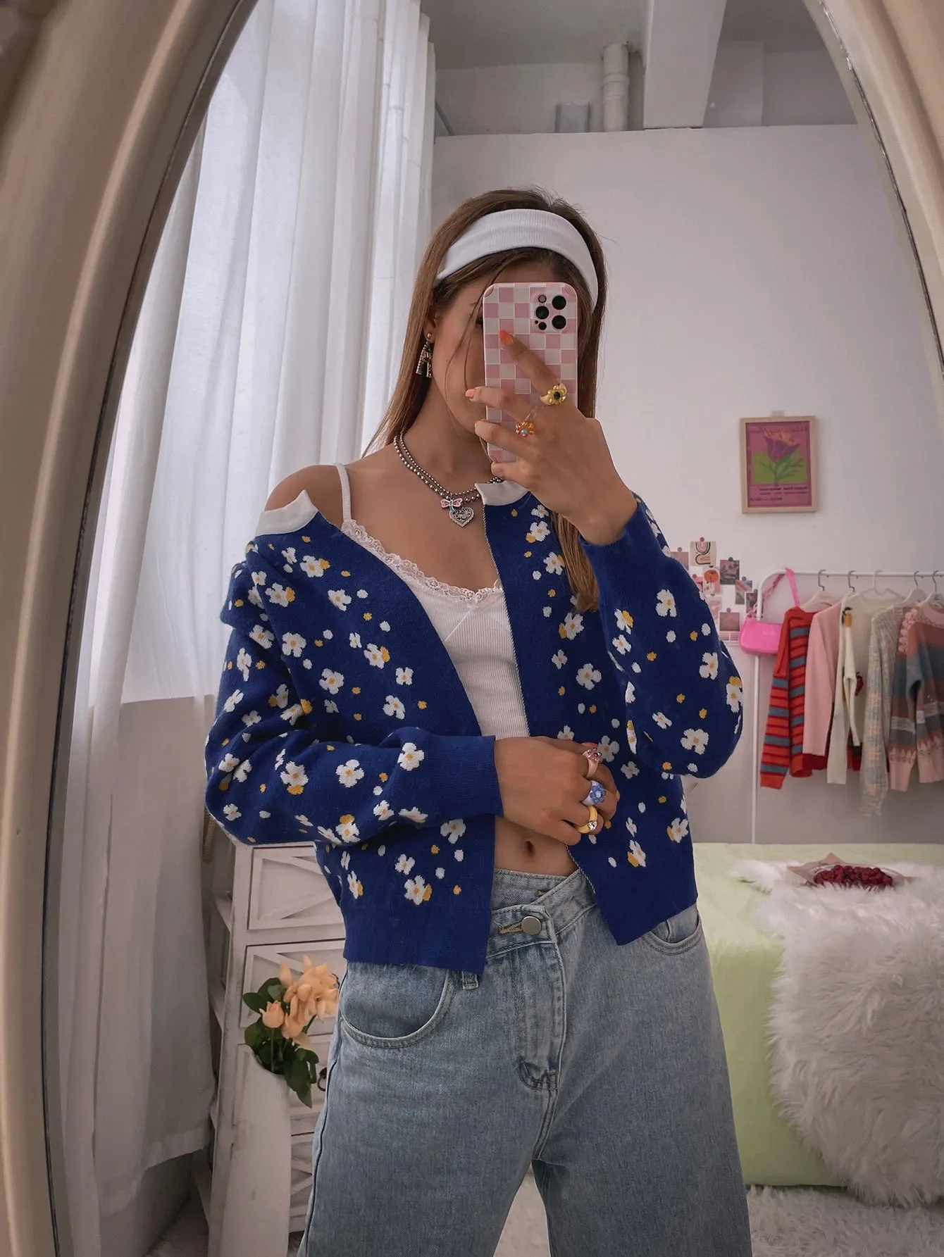 Cute Floral Long Sleeve Round Neck Regular Women Cardigan