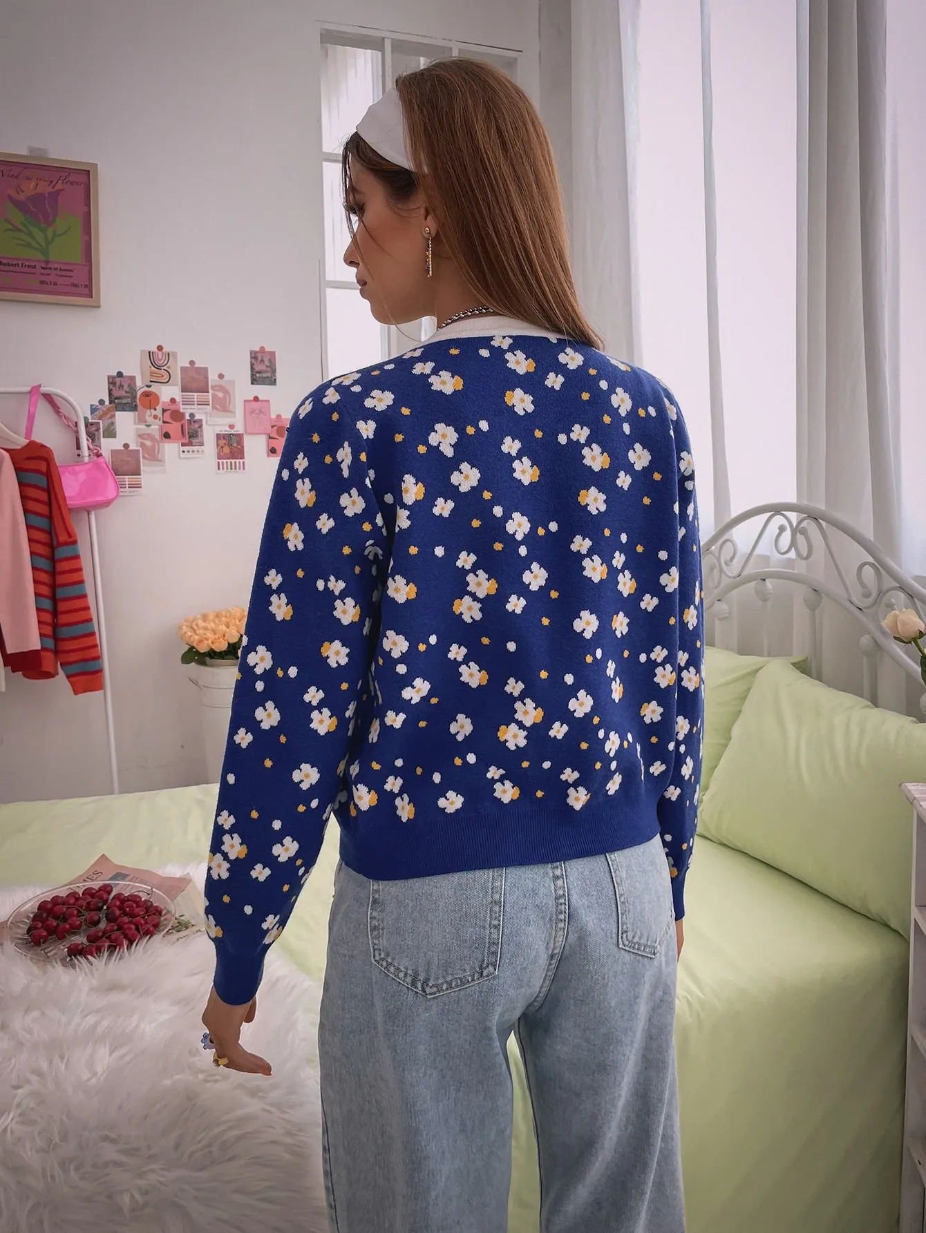 Cute Floral Long Sleeve Round Neck Regular Women Cardigan