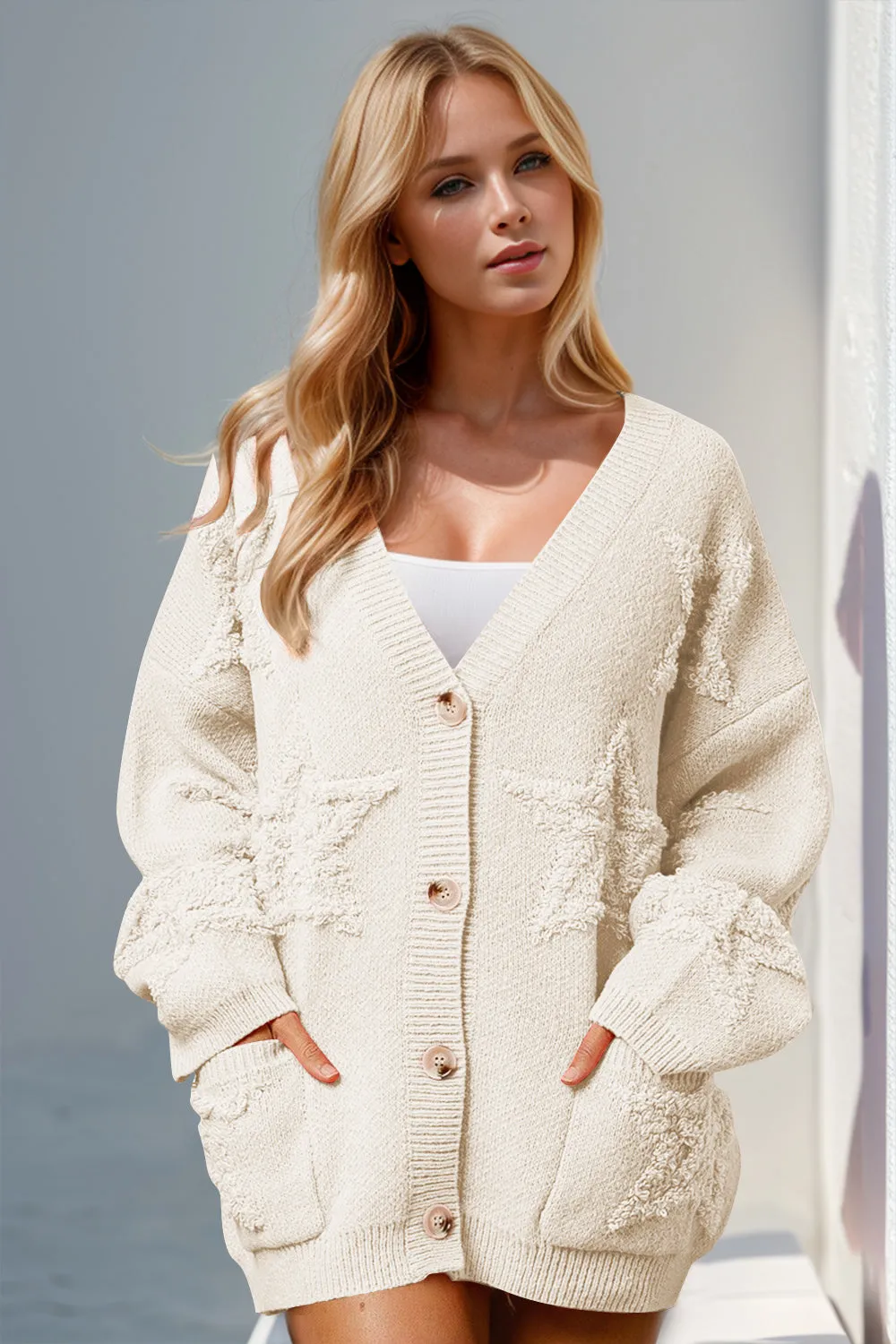 Double Take Full Size Button Up Star Pattern Cardigan