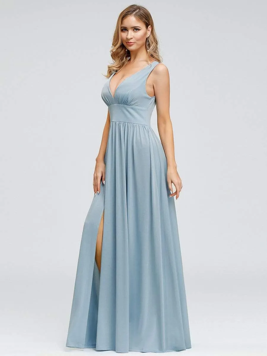 Double V-Neck Empire Waist Evening Dresses with Side Split