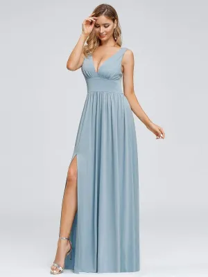 Double V-Neck Empire Waist Evening Dresses with Side Split