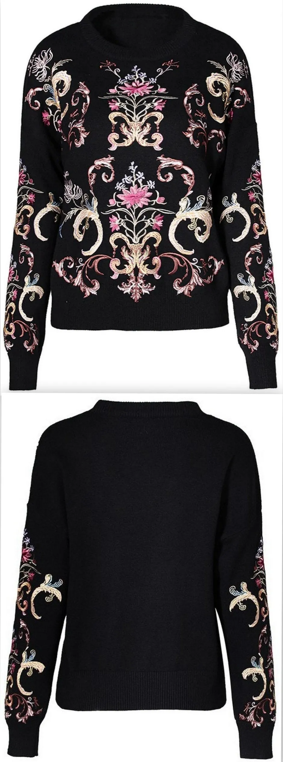 Floral-Embroidered Knit Sweater