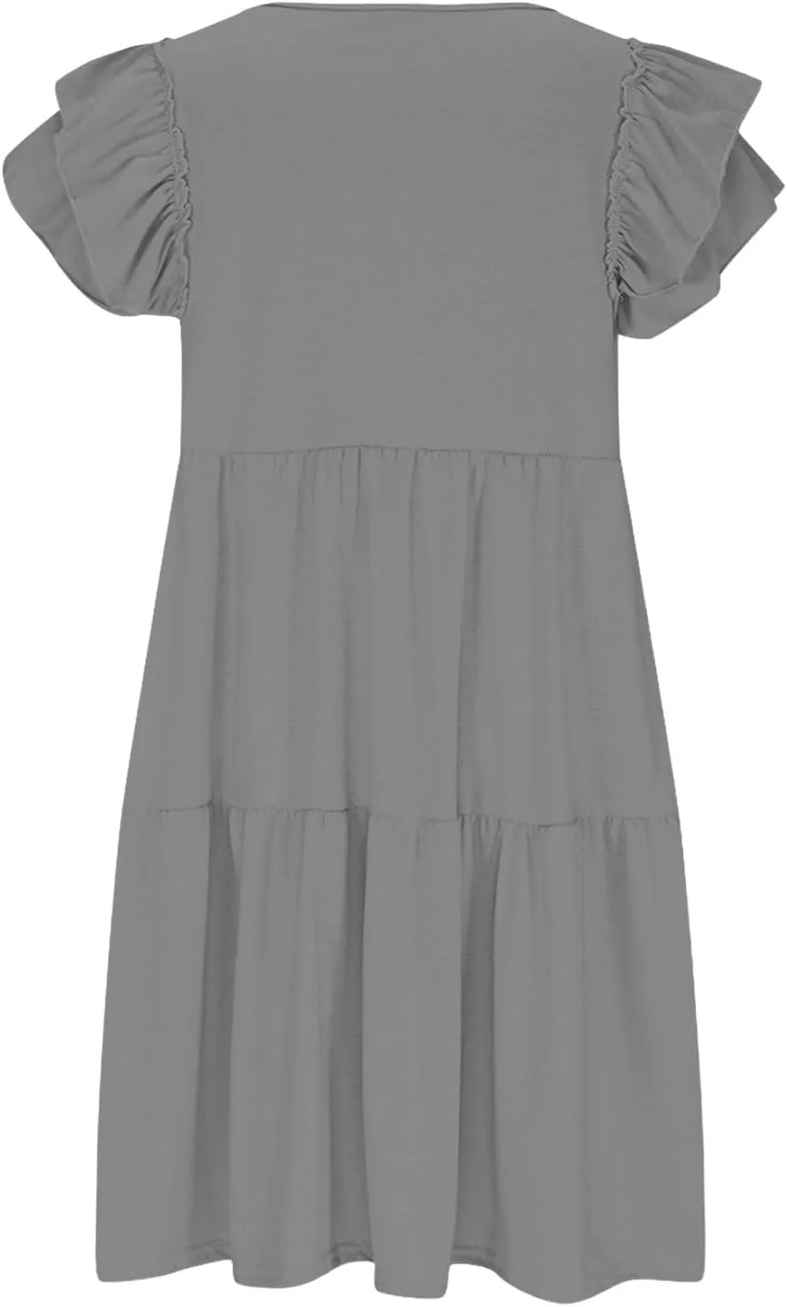 hlysgo Womens Babydoll Dresses 2025 Summer Ruffled Sleeve V Neck Mini Dress Casual Loose Fit Knee Length Tiered Beach Dress