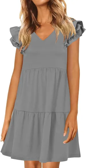 hlysgo Womens Babydoll Dresses 2025 Summer Ruffled Sleeve V Neck Mini Dress Casual Loose Fit Knee Length Tiered Beach Dress