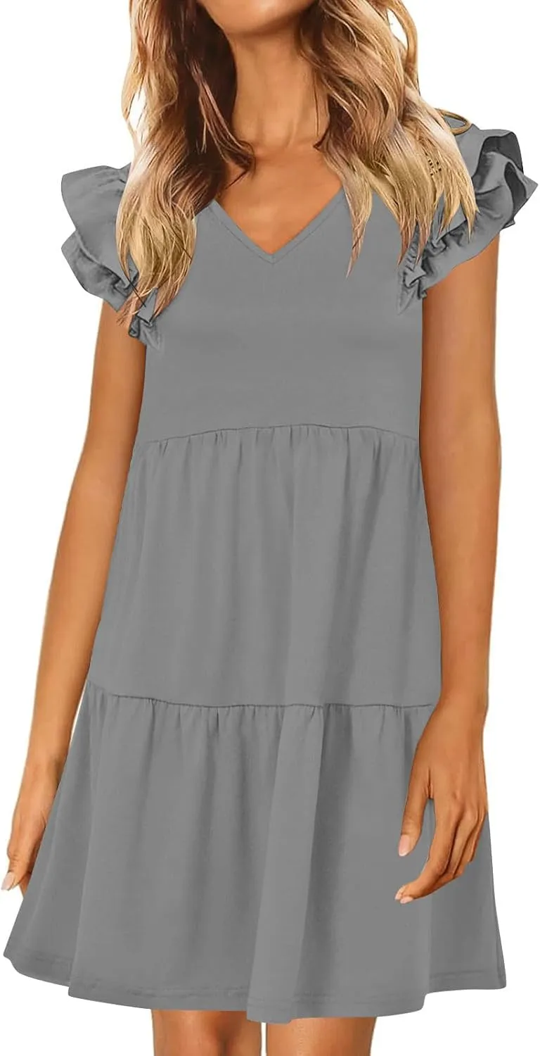 hlysgo Womens Babydoll Dresses 2025 Summer Ruffled Sleeve V Neck Mini Dress Casual Loose Fit Knee Length Tiered Beach Dress