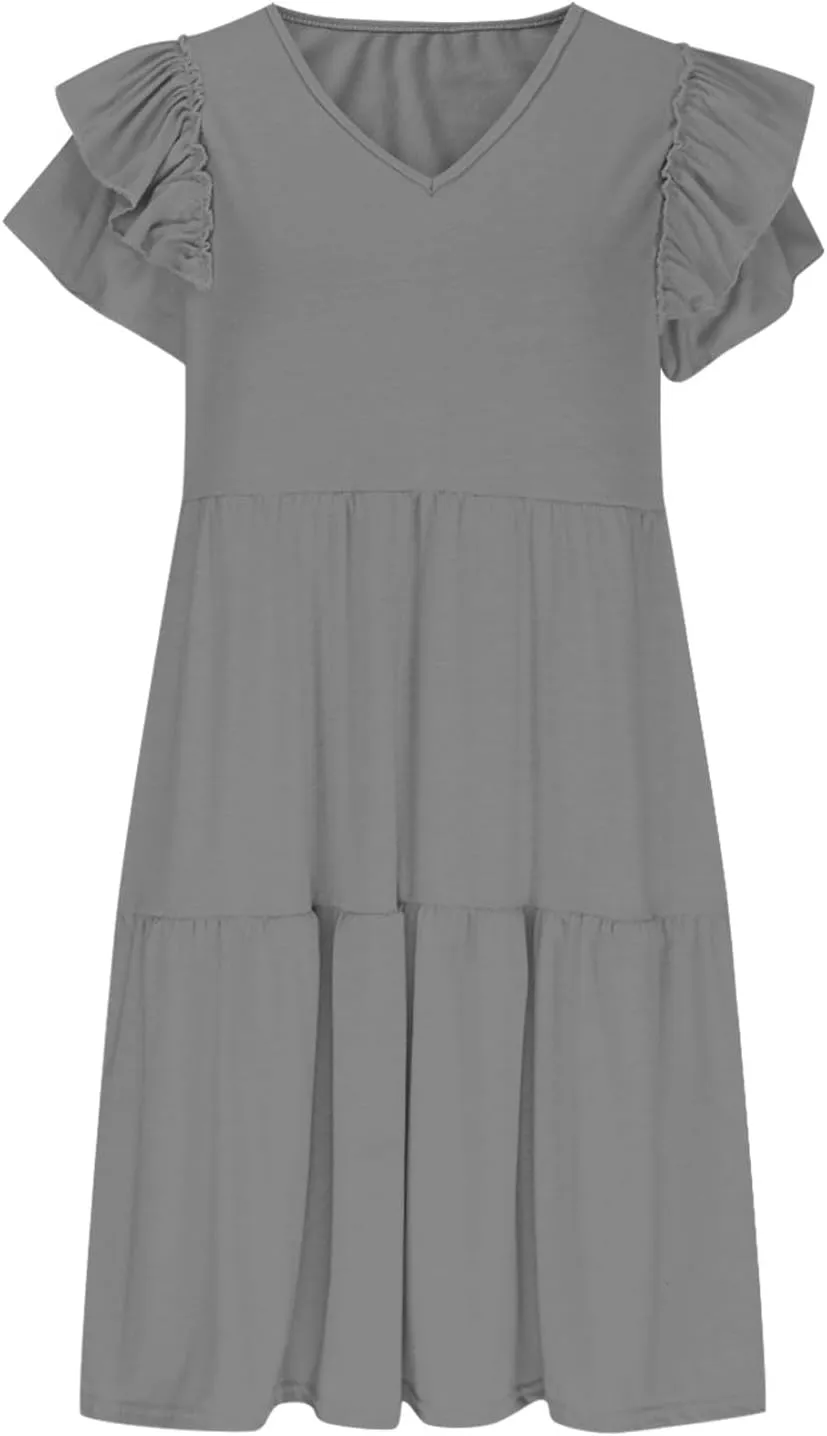hlysgo Womens Babydoll Dresses 2025 Summer Ruffled Sleeve V Neck Mini Dress Casual Loose Fit Knee Length Tiered Beach Dress