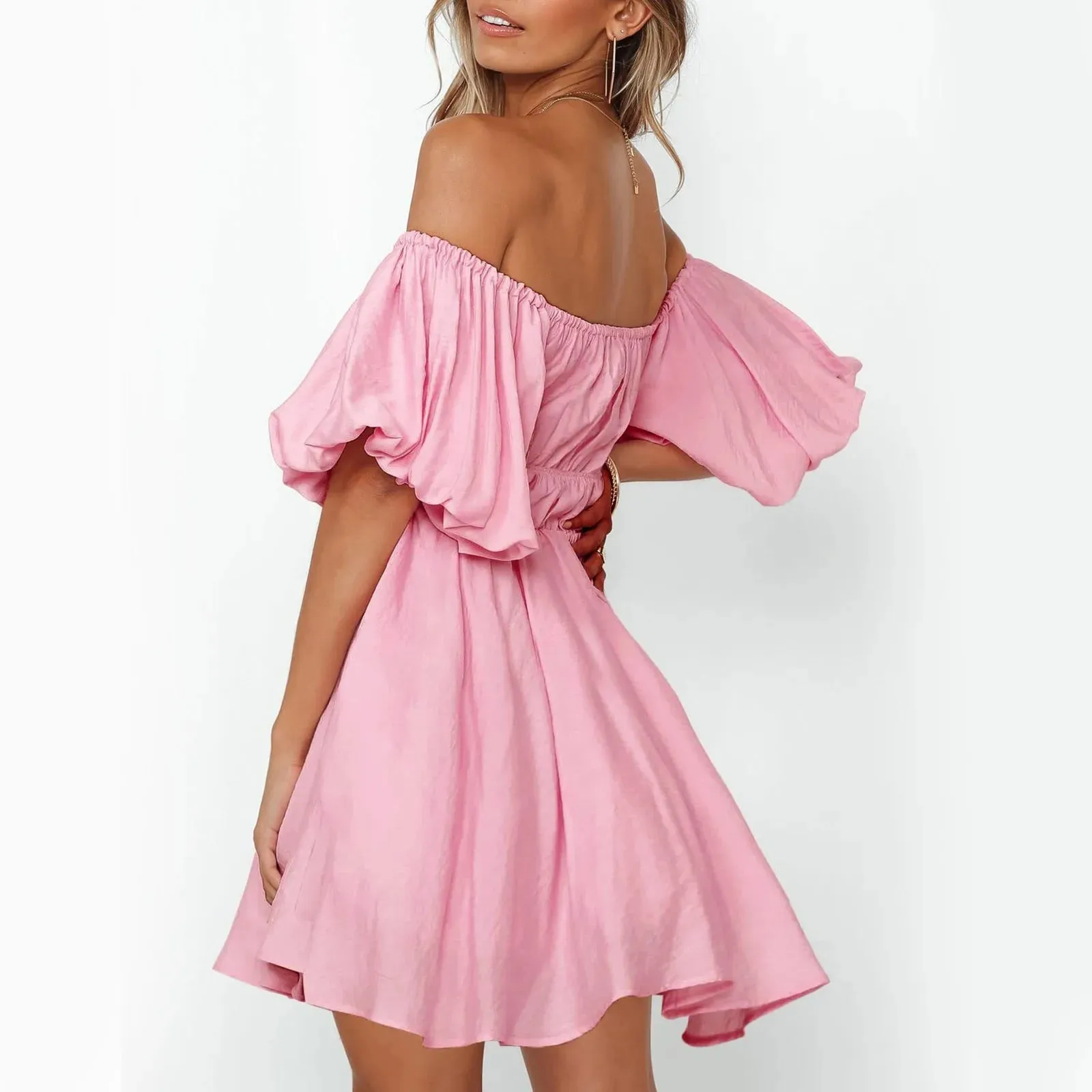 JuliaFashion - Off Shoulder Flared Mini 2024 Fashion Ruffled Short Sleeve White Flowy Swing Casual Party Vacation Vestidos Dress