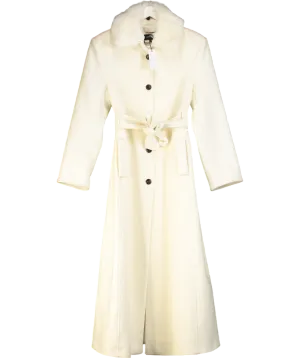 Karen Millen Cream Premium Italian Manteco Wool Detachable Faux Fur Collar Belted Tailored Maxi Coat UK 10