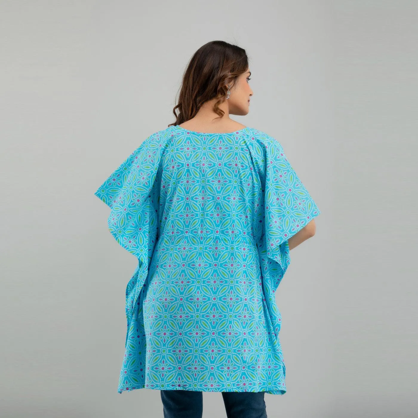 Light Blue Bandhani Print Cotton Kaftan Dress (SHKUP1233)