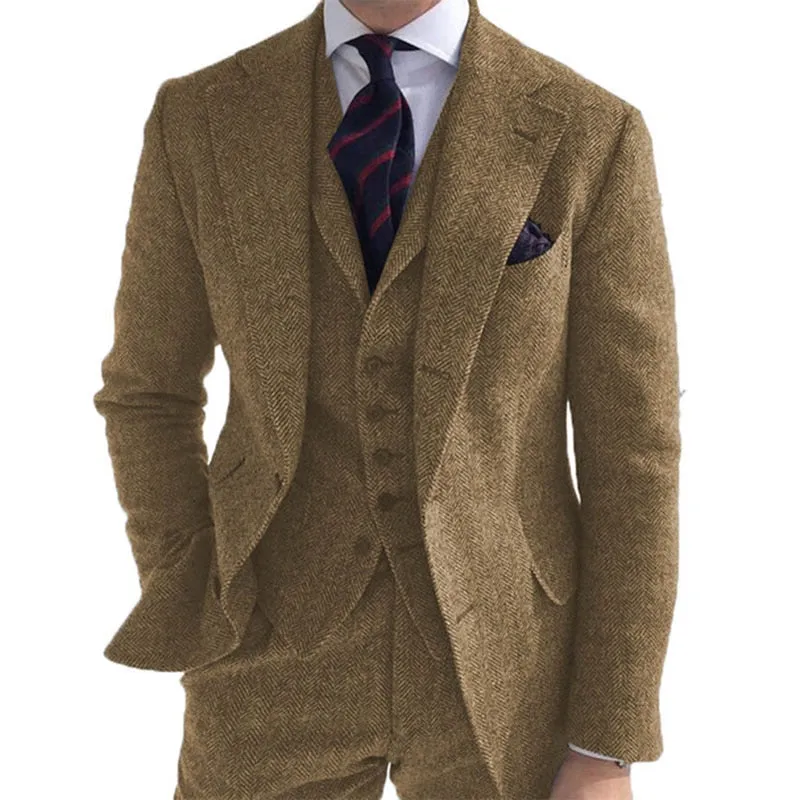 Mens Formal Suit Sets Gray Wool Tweed Winter Men Suit's For Wedding Formal Groom Tuxedo Herringbone Male Fashion 3 Piece (Jacket  Vest  Pants Tie)