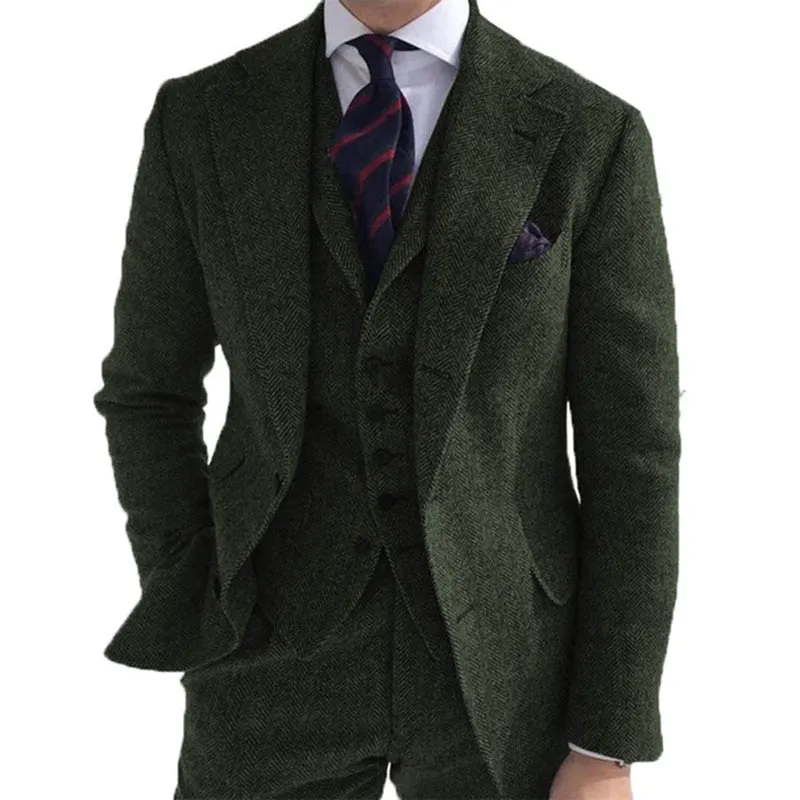Mens Formal Suit Sets Gray Wool Tweed Winter Men Suit's For Wedding Formal Groom Tuxedo Herringbone Male Fashion 3 Piece (Jacket  Vest  Pants Tie)